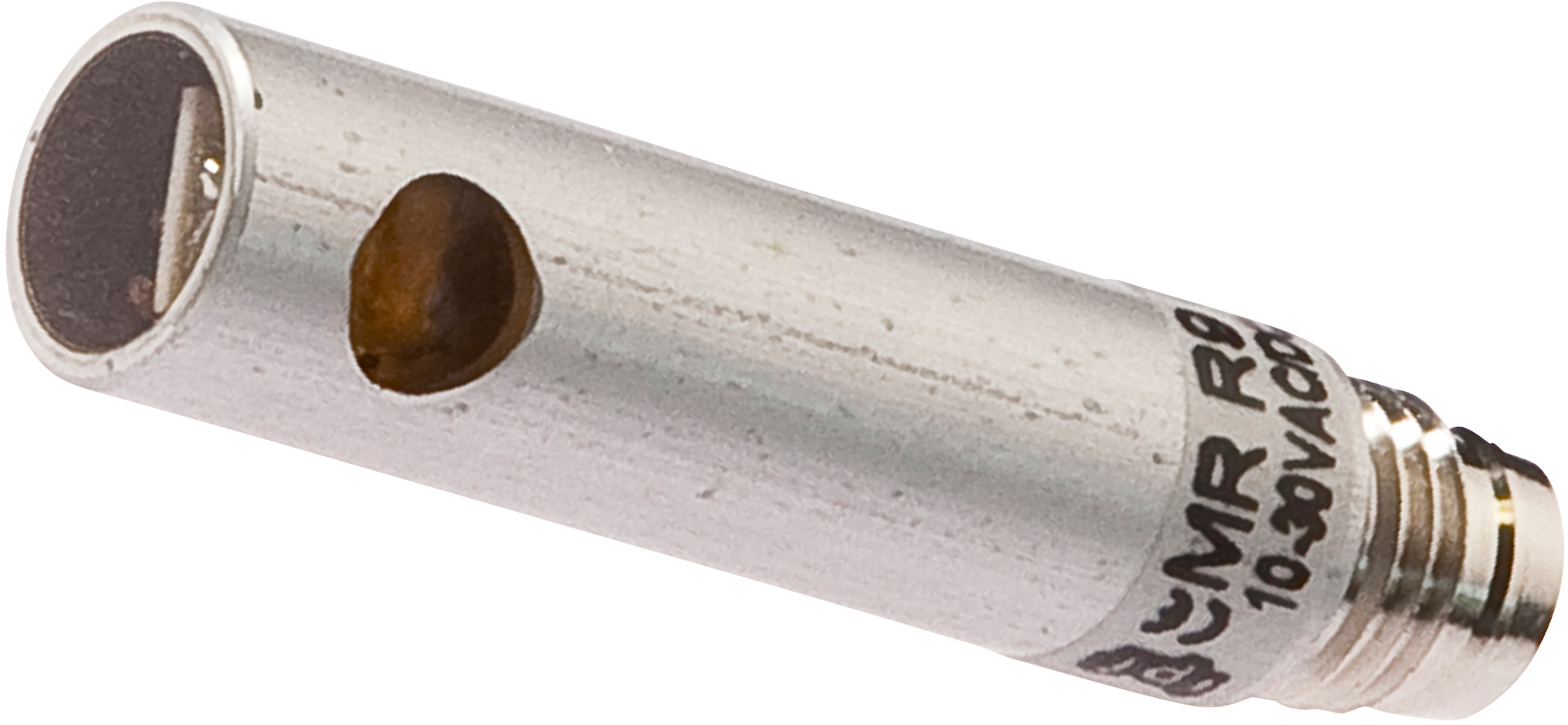 Sensor Magnetisch, Reed, 9mm Rund, Ø9mm 40lang, 10-30V AC/DC, 1x Reedkontakt NO, M8-Steckverbinder 3polig, IP67, Aluminium, LED, Verpackungseinheit 100 (MRR90171), Lage der Sensorfläche Gerätemitte