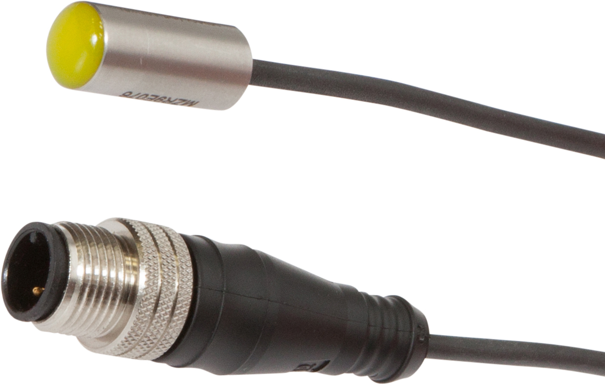 Sensor Magnetisch, Zylinder, 9mm Rund, Ø9mm 20lang, 10-30V DC, 1x PNP NO, M12-Kabelstecker 4polig 1m PUR (Polyurethan), IP67, VA, 2,8mT, Lage der Sensorfläche Gerätemitte