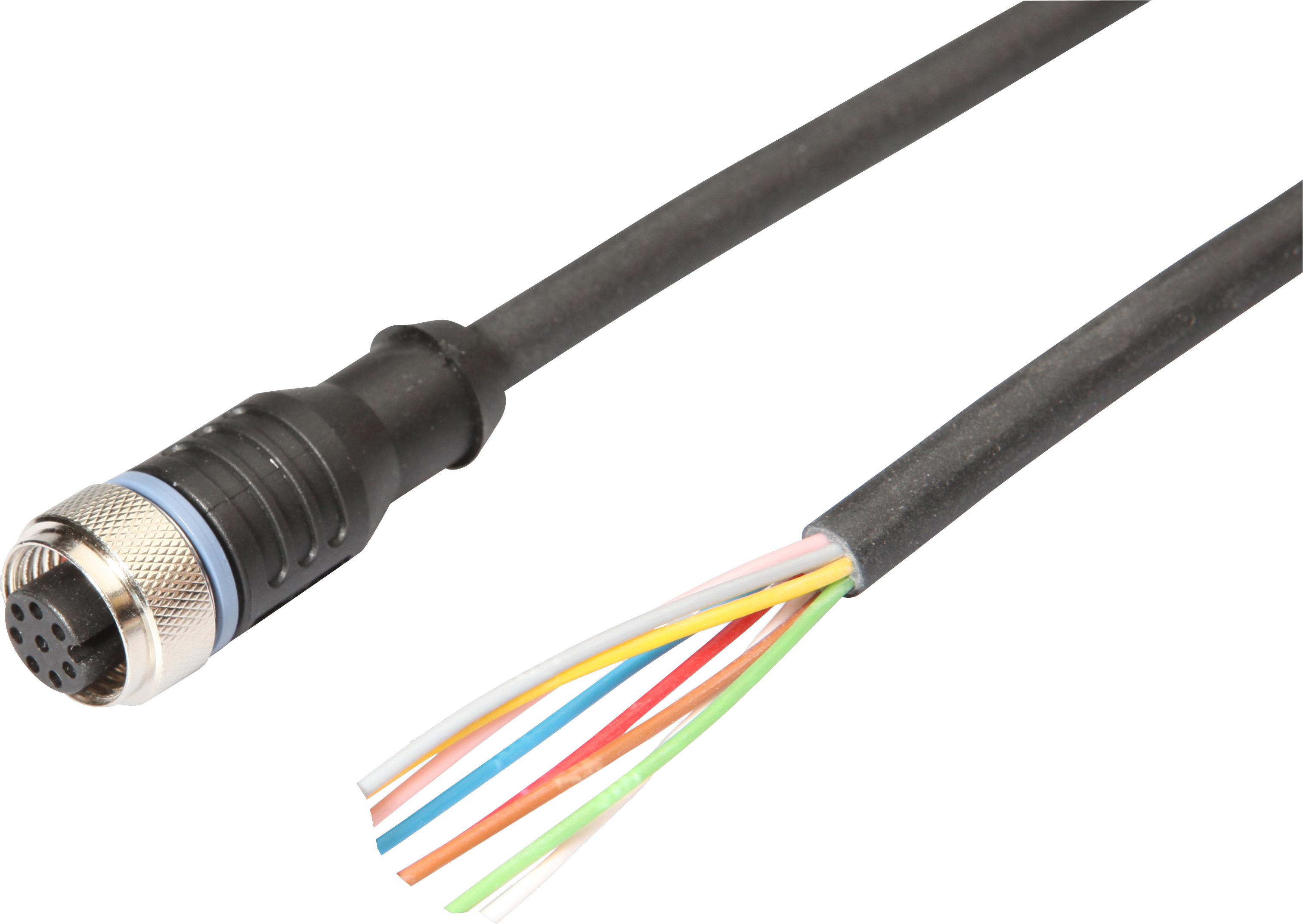 Connection cable, 2m, M12 Female (socket) 8pin Straight, Free conductor end, 8wire, PUR (Polyurethane), Ø5.9mm, Suitable for trailing chain and torsion resistant, Oil and cooling lubricants, Welding area, Silicone-free