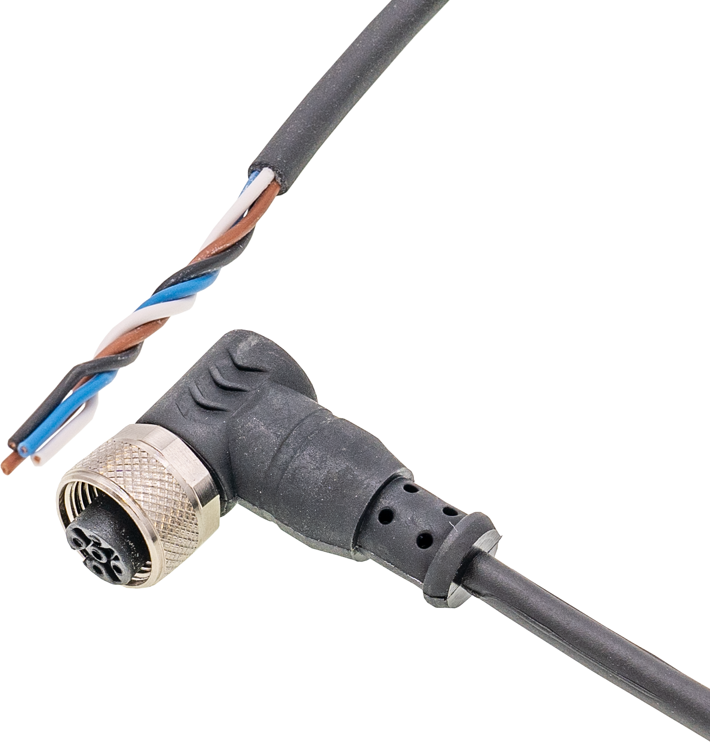 Anschlussleitung, 5m, M12 Dose 4polig abgewinkelt, freies Leitungsende, 4x0,25mm², PUR/PVC, Ø4,2mm, 250V, -25-70°C, IP67