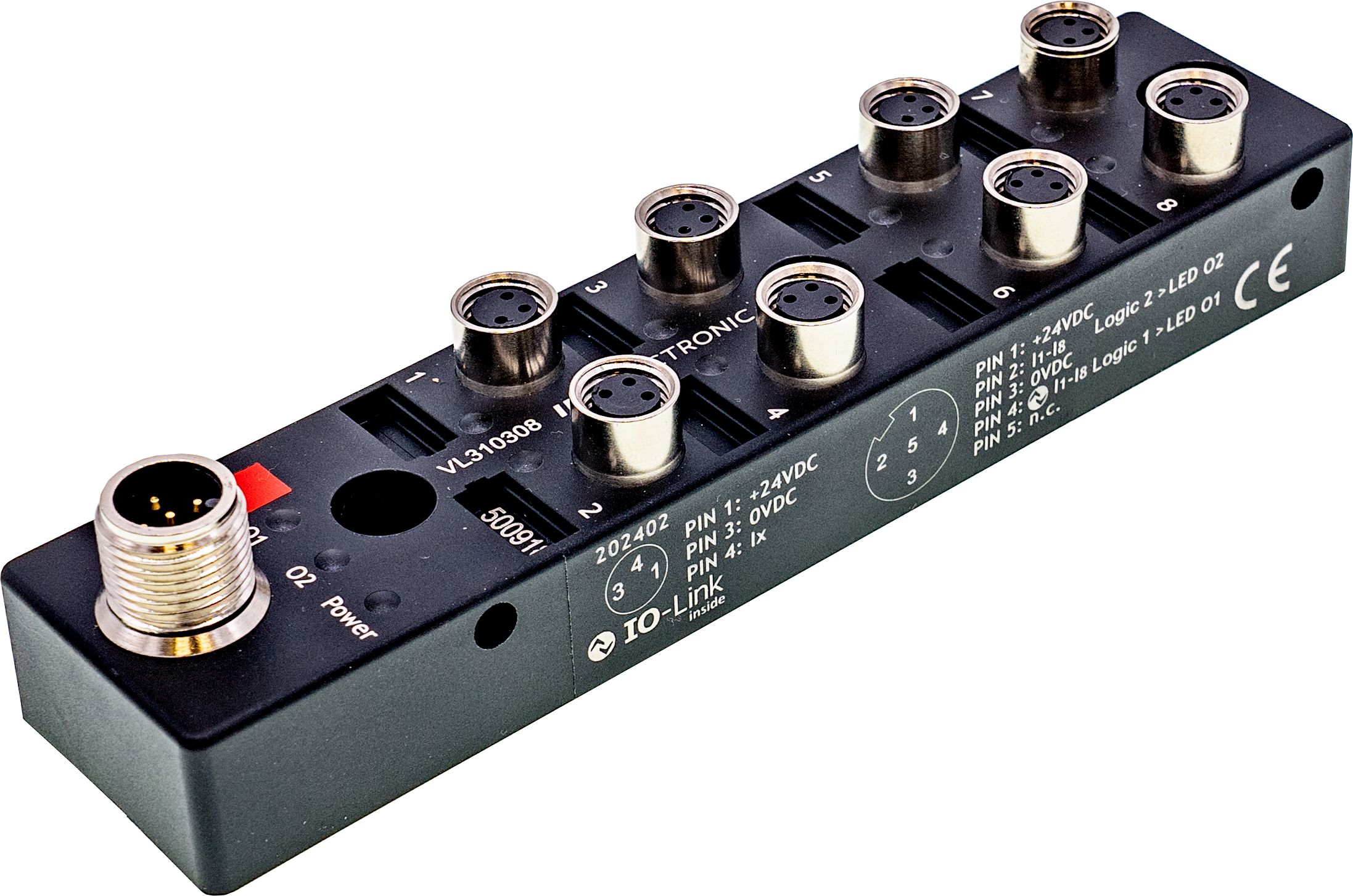 Logic module, 27x130x31mm, AND/OR, 8gang, 10-30V DC, 3-pin M8 socket on sensor side, 4-pin M12 connector on control side, IP67, plastic, IO-Link