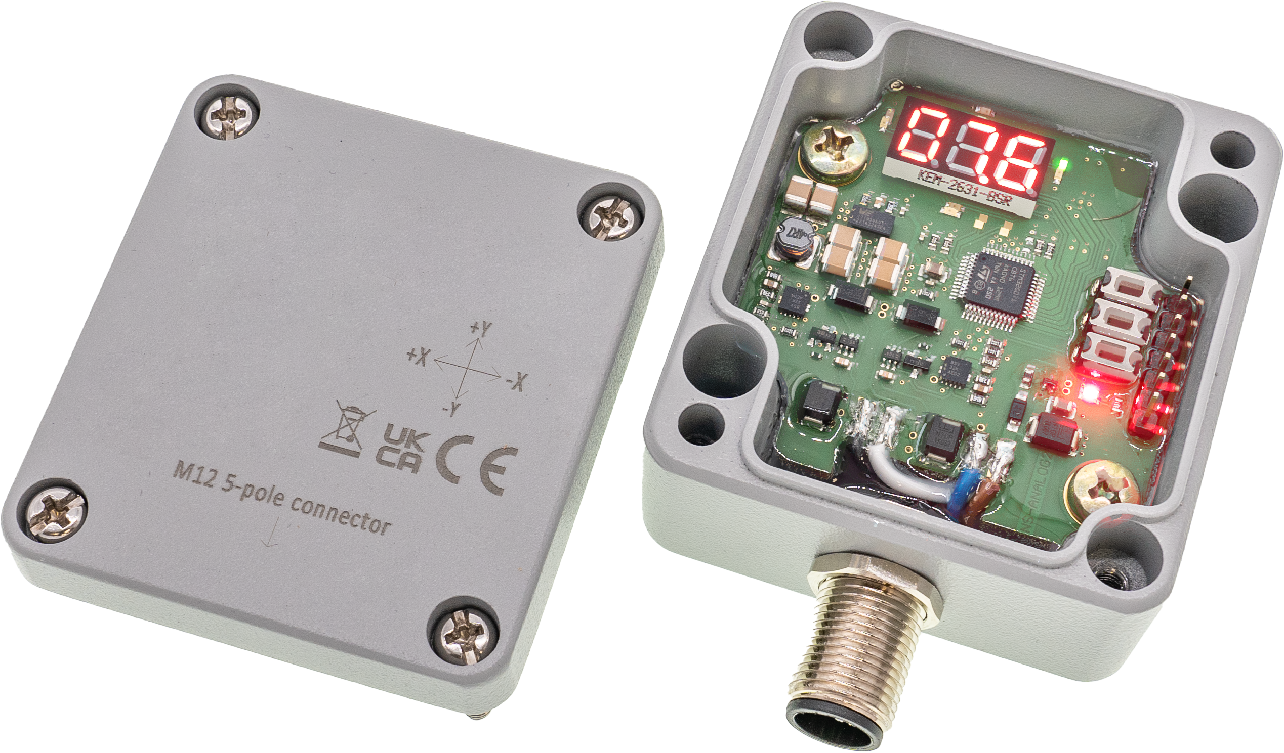 Sensor Neigung, 58x64x36mm, -45...+45°, 9-30V DC, -25-80°C, 2 Achsen X+Y, 2x 4-20mA, M12-Steckverbinder 5pol, Aluminium, IP67